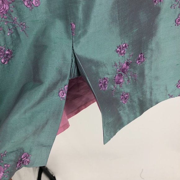 Nanette Lepore Rare Vintage Green Shimmer w/ Pink Floral Embroidery Silk Dress - Picture 12 of 14